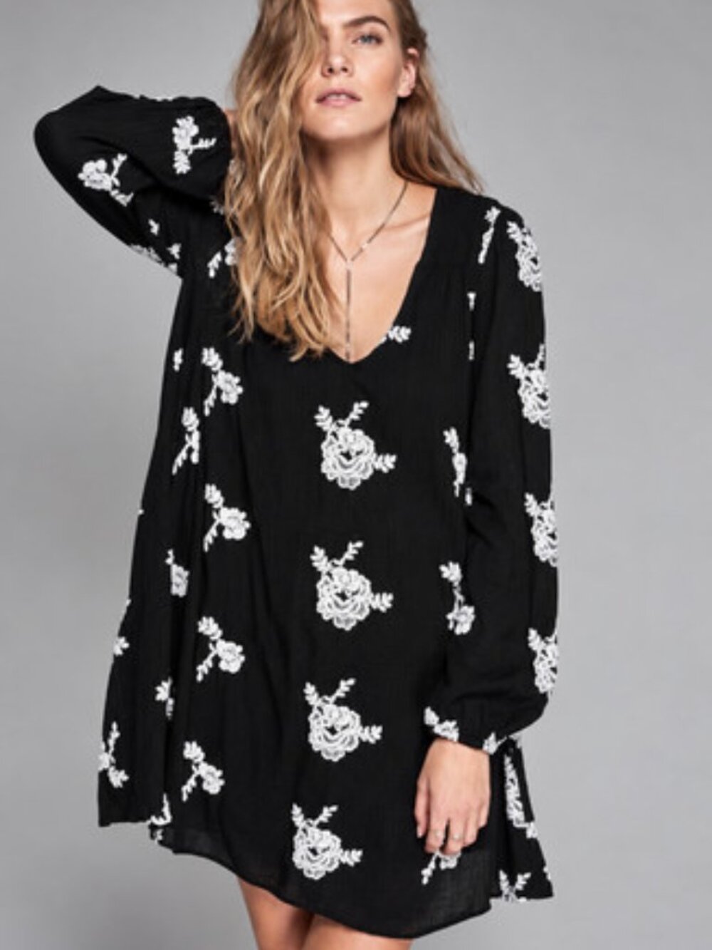 Free People Emma Dress Womens sz L Black Combo Embroidered Tunic Swing Mini